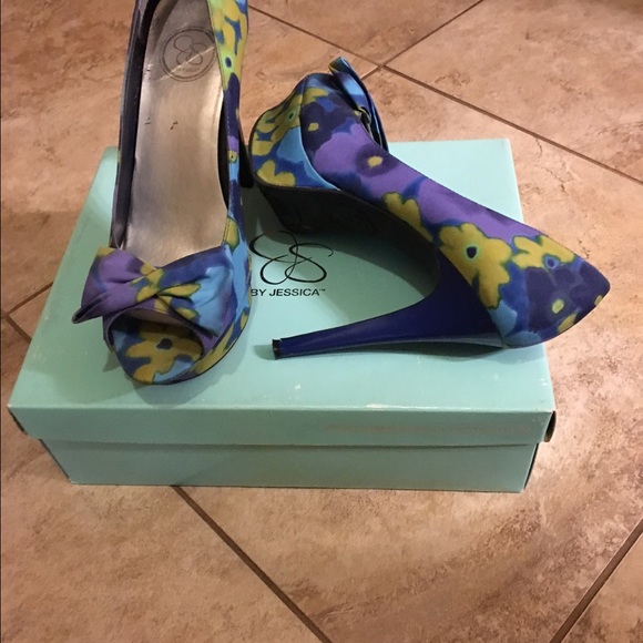 Blue/Purple Floral Platform Peep Toe Heels