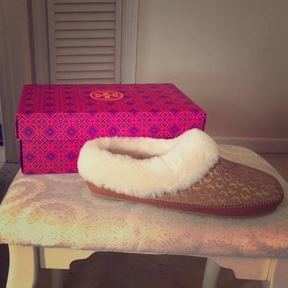 Tory Burch Gold and Tan Slippers