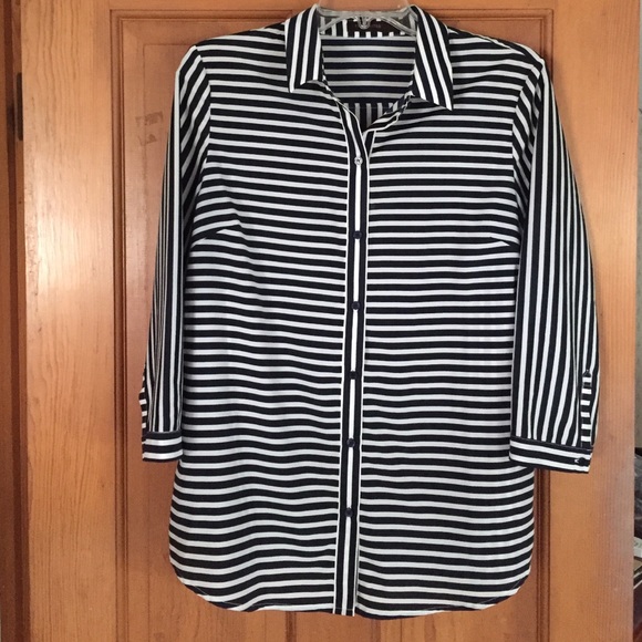 Navy blue and white striped blouse