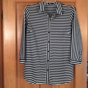 Navy blue and white striped blouse