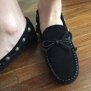 ZARA black suede moccasins w/ fringe & studs