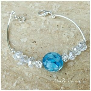 Blue lamp work, silver and white bracelet