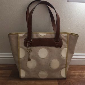 Fossil tweed and polka dot tote