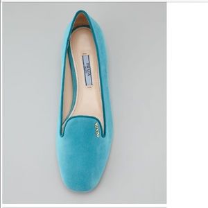Prada Gold Logo Turquoise Blue Suede Loafers