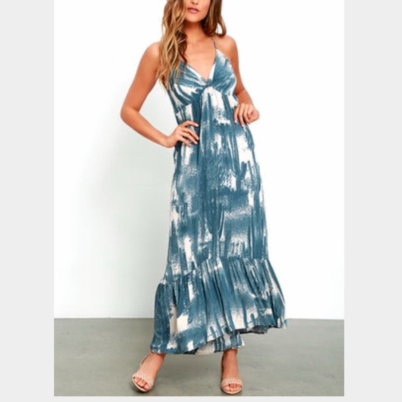 Cactus-print blue and cream midi-dress