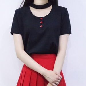 mixxmix black heart button choker shirt