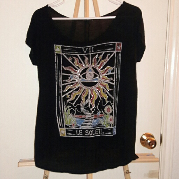 the classic Tops - Sheer black top with unique sun design