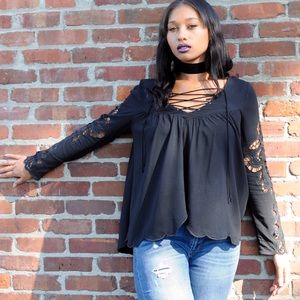 Embroidered Lace-Up Blouse