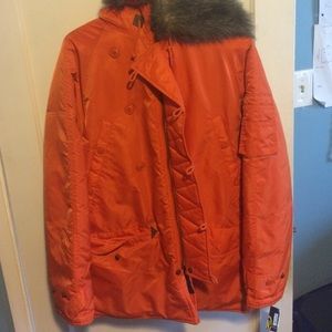 Nautica orange coat with furry hood snowboarding