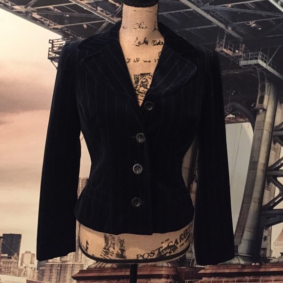 Navy and silver striped velvet blazer.