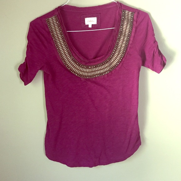 Beaded swoop neck anthropologie shirt.