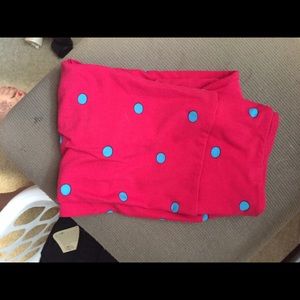Red  lularoe leggings with blue/green dots