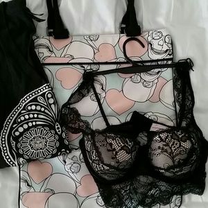 Lace Bra, obey shirt, luella book bag