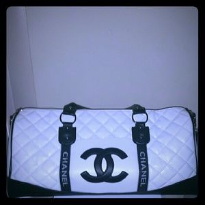White & Black Faux Leather Duffle Bag