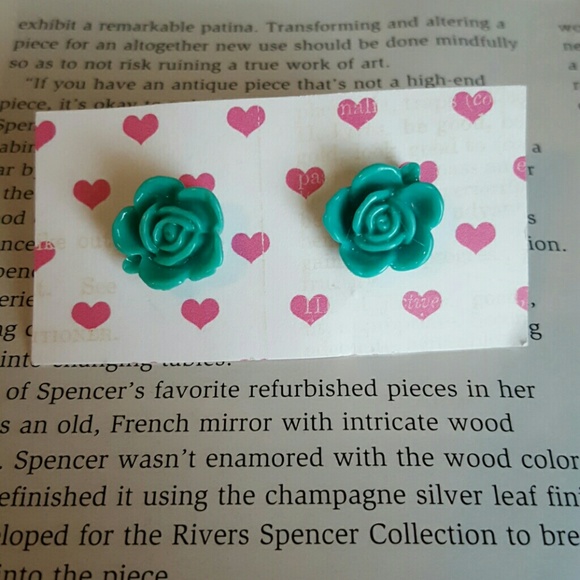 Teal rose post earrings
