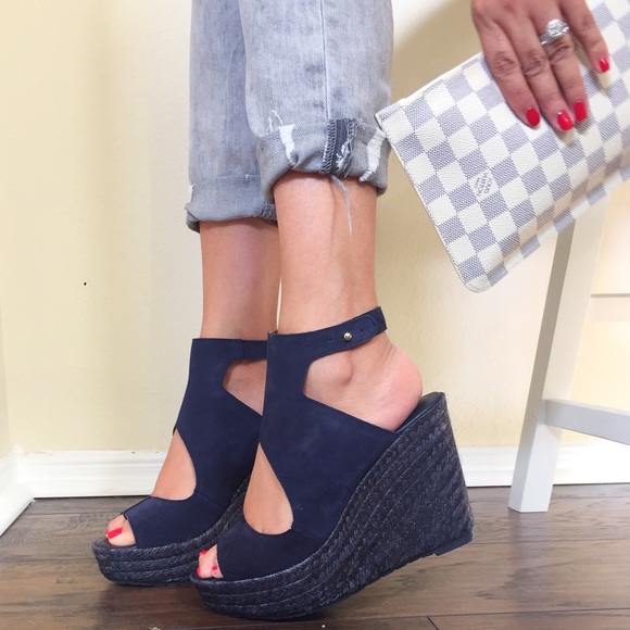 navy leather wedges