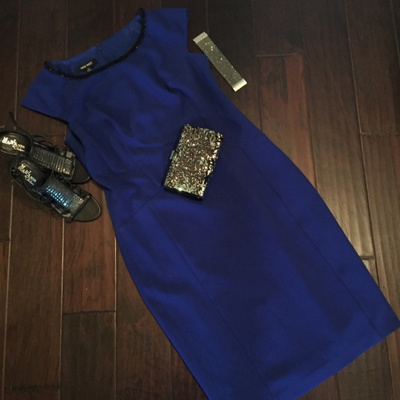 Bright Blue Nine West Dress with Beaded Neckine