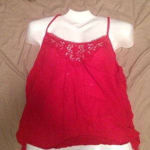 Red floral laced trimmed blouse