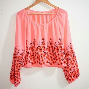 Free people neon pink floral embroidered blouse