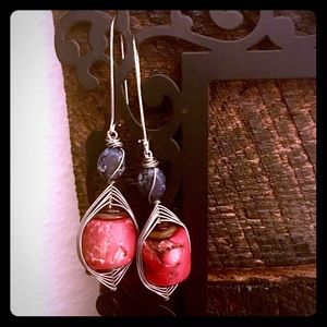 Red/blue stone wire wrapped earrings