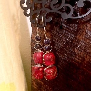 Red & blue bead wire wrap earrings