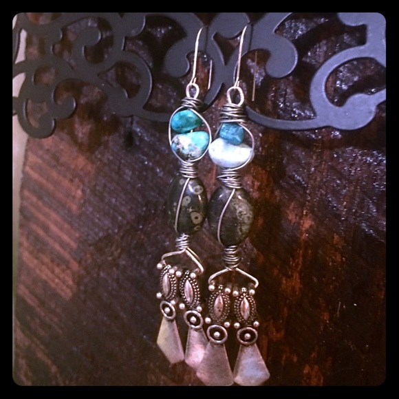Black/blue bead wire wrapped earrings