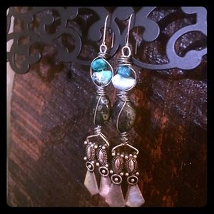 Black/blue bead wire wrapped earrings