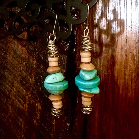 Stone and wood bead wire wrap earrings
