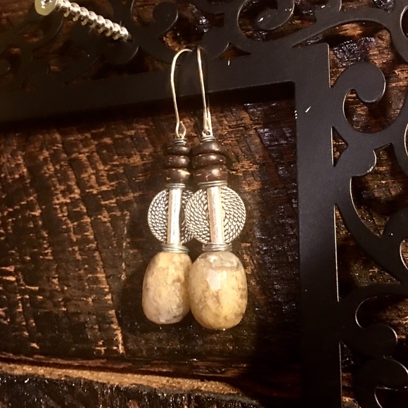 Stone and wood bead wire wrapped earrings