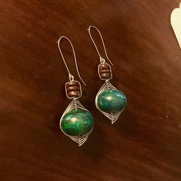 Stone & wood bead wire wrapped earrings
