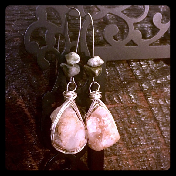 Natural stone & stone bead wire wrapped earrings