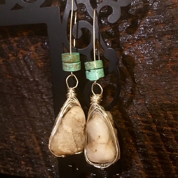 Natural stone and stone bead wire wrapped earrings