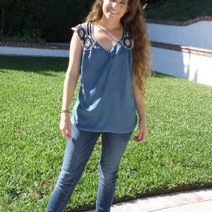 Blue tank with crochet detail