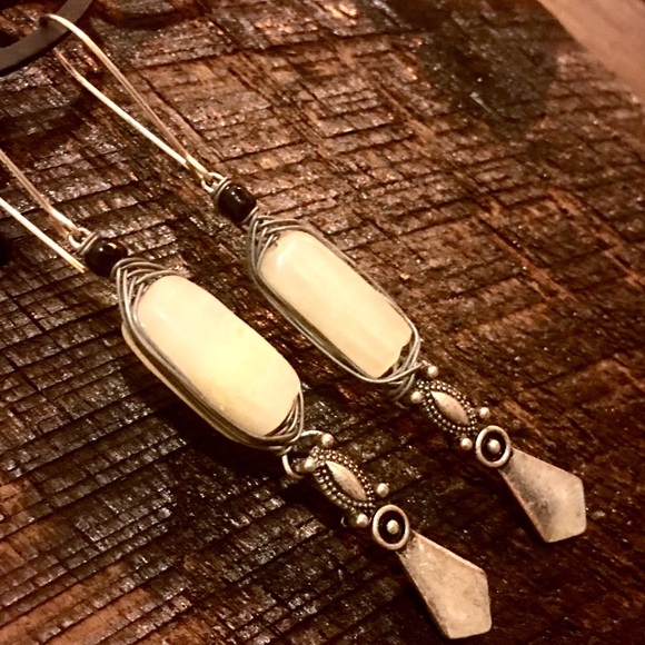 White stone bead wire wrapped handmade earrings