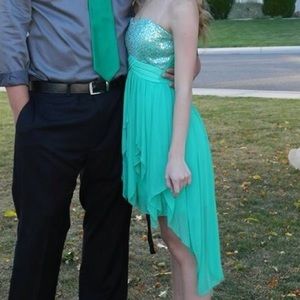 Mint green sequin high low formal dress
