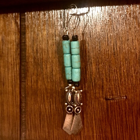 Handmade turquoise and black bead dangle earrings