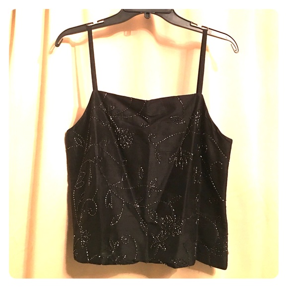 Black Silk Spaghetti Strap Top with Beaded Pattern