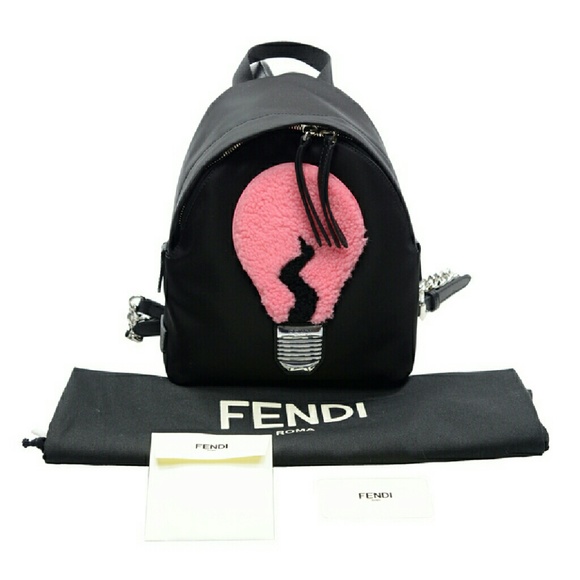 Fendi Black Mini Shearling Bulb  Nylon Backpack