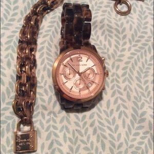 Michael Kors Rose Gold & Tortoise Watch & necklace