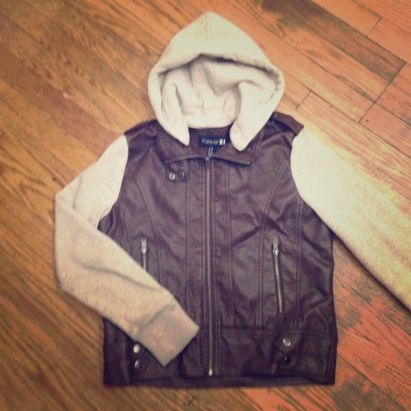 Forever 21 Dark Brown Pleather Jacket W/ Hood (M)