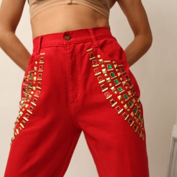 Monique Denim - Bright red Monique jeans with bedazzled detail.