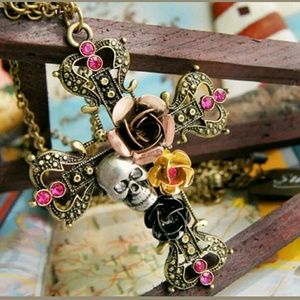 Boho,, Hardy style Cross , skull & rose necklace