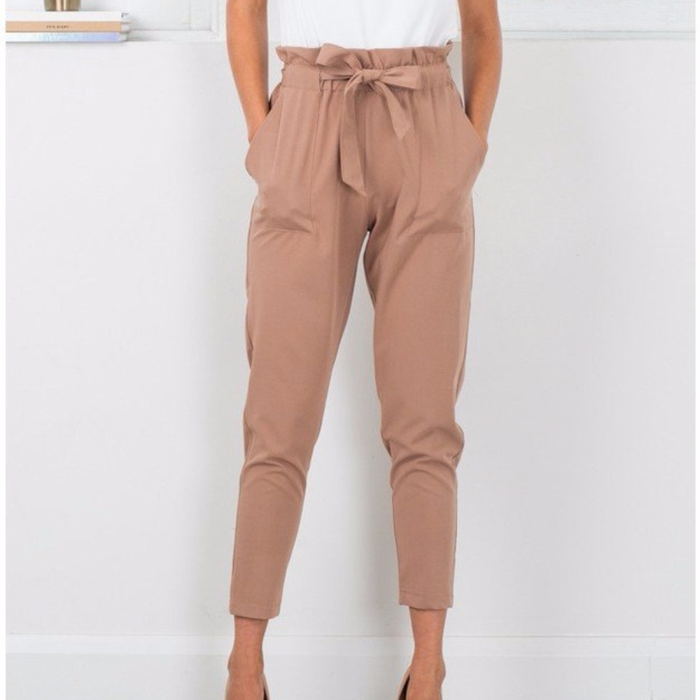 Camel pants with a tie waisted belt