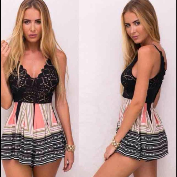 ⬇️ NWOT Black Lace Romper Aztec print bottoms