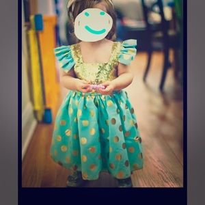 12 Month mint and gold polka dot dress.