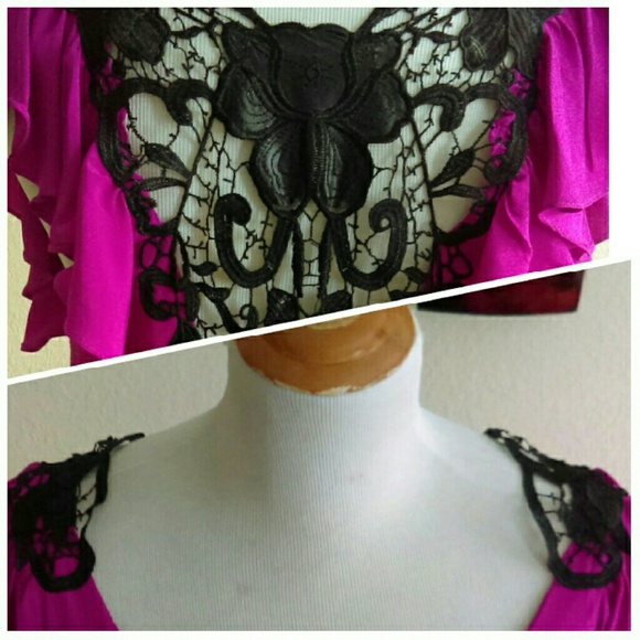 SugarLips Dresses - ⬇Fuchsia Flutter Sleeve Dress w/ Black Lace SugarLips Dresses - ⬇Fuchsia Flutter Sleeve Dress w/ Black Lace