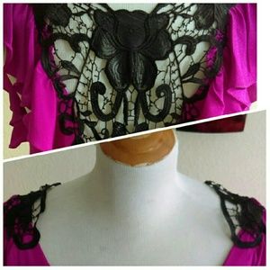 SugarLips Dresses - ⬇Fuchsia Flutter Sleeve Dress w/ Black Lace SugarLips Dresses - ⬇Fuchsia Flutter Sleeve Dress w/ Black Lace