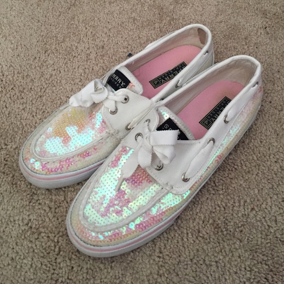 Pink and white sparkley sperry top sider