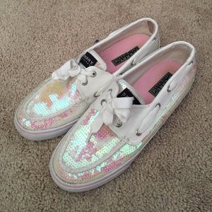 Pink and white sparkley sperry top sider
