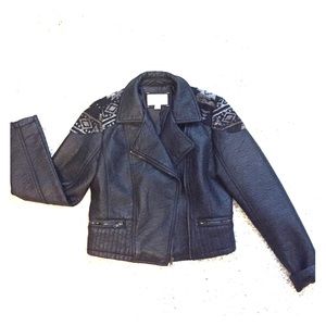 Faux black leather jacket w/ tribal pattern detail